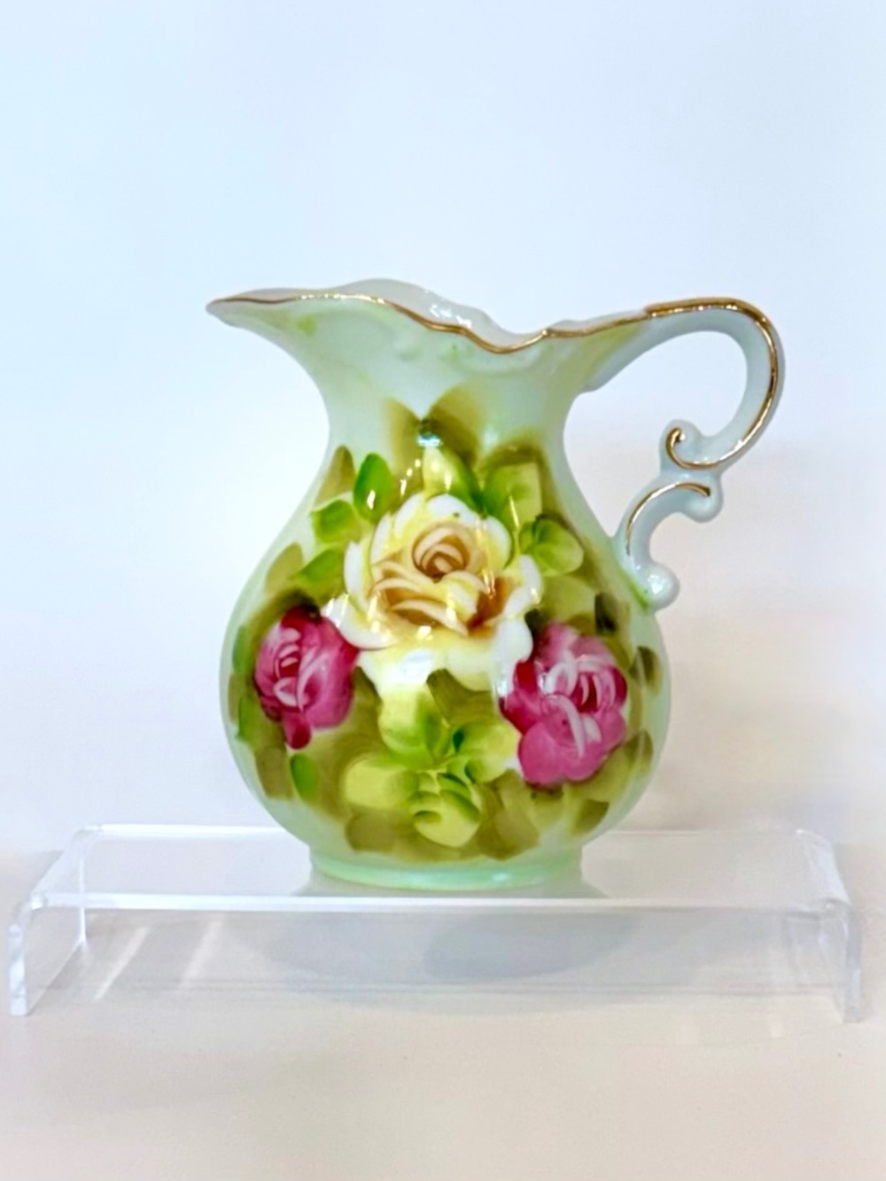Vintage 1950 Norcrest Japan Hand Painted Cabbage Rose 5" Porcelain Pitcher